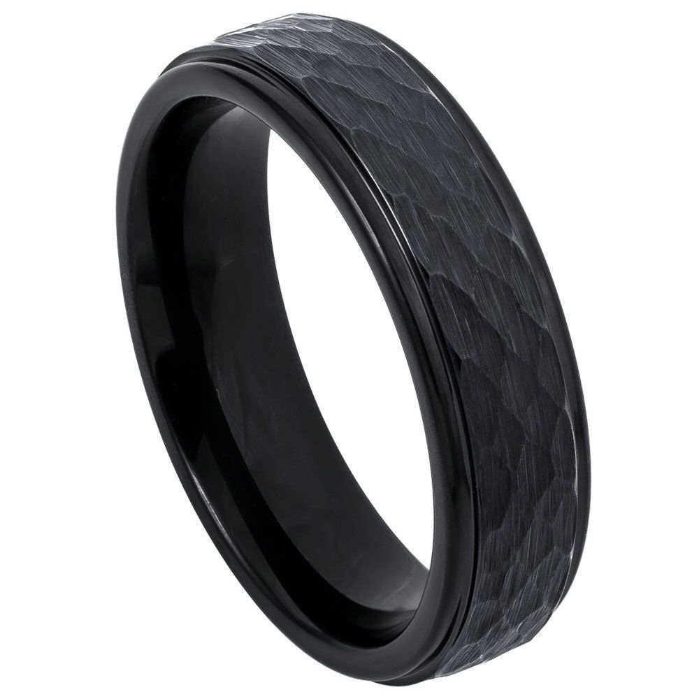 Men's Black Hammered Comfort Fit Tungsten Carbide Anniversary- 6mm Engraved Tungsten Ring