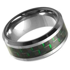 Unisex Tungsten Mirror Polished With Black Green Carbon Fiber Inlay Wedding Band- 8mm Engraved Tungsten Ring