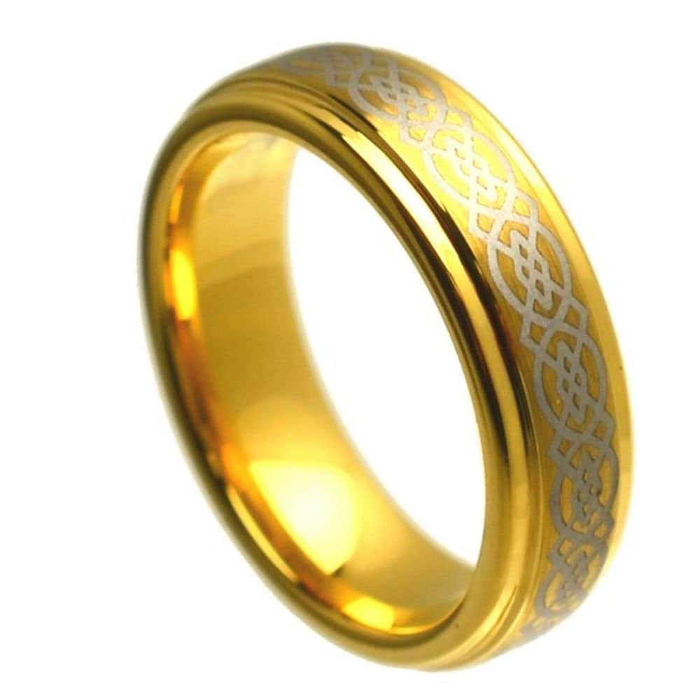 Men's Tungsten Wedding Band Celtic Knot Yellow Gold Plated Step Beveled Edge- 6mm Engraved Tungsten Ring