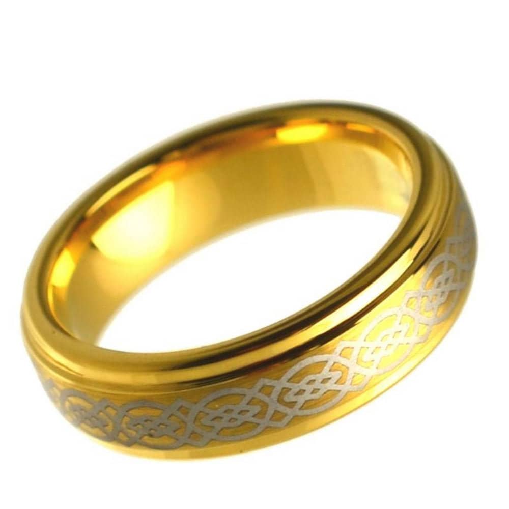 Men's Tungsten Wedding Band Celtic Knot Yellow Gold Plated Step Beveled Edge- 6mm Engraved Tungsten Ring