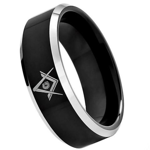 Unisex Masonic Beveled Glossy Black 2 Tone Tungsten Wedding Band- 8mm Engraved Tungsten Ring