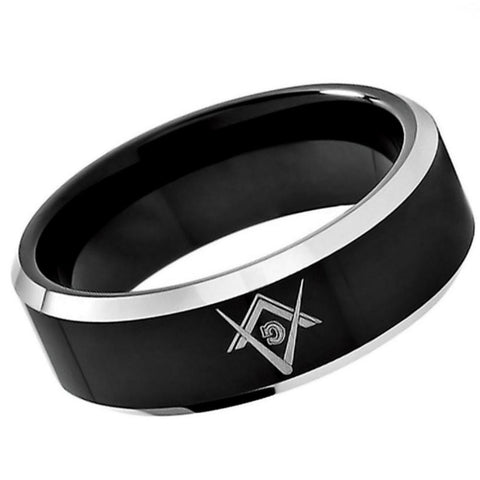 Unisex Masonic Beveled Glossy Black 2 Tone Tungsten Wedding Band- 8mm Engraved Tungsten Ring