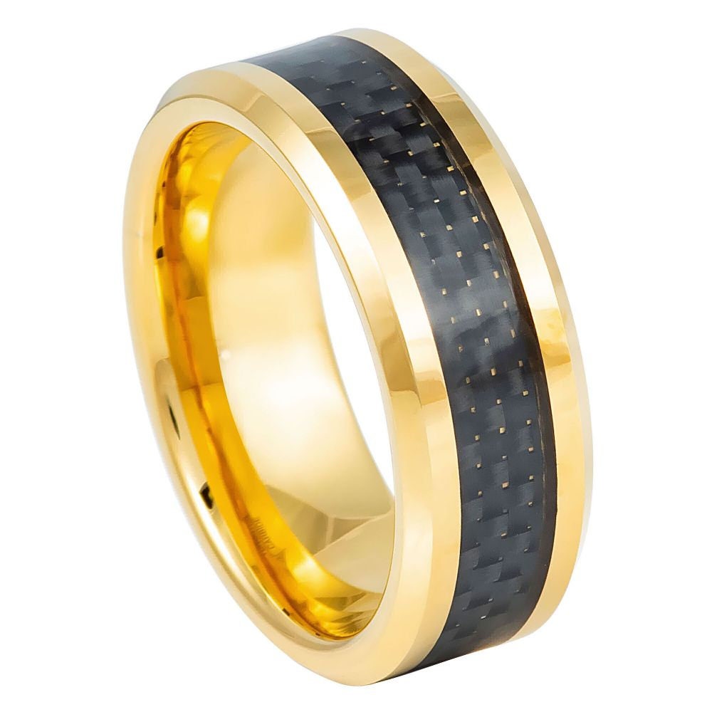 Men's Yellow Gold Wedding Band Tungsten Black Carbon Fiber Inlay- 8mm Engraved Tungsten Ring