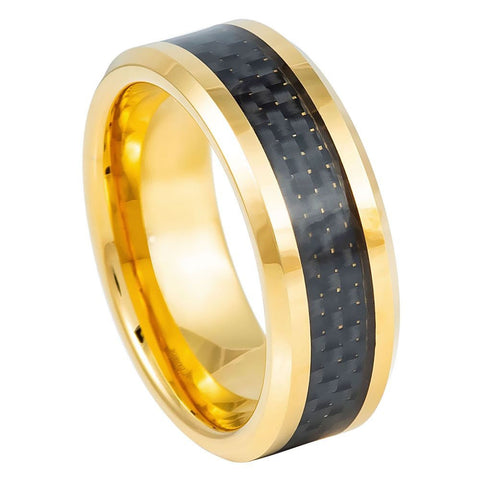 Men's Yellow Gold Wedding Band Tungsten Black Carbon Fiber Inlay- 8mm Engraved Tungsten Ring