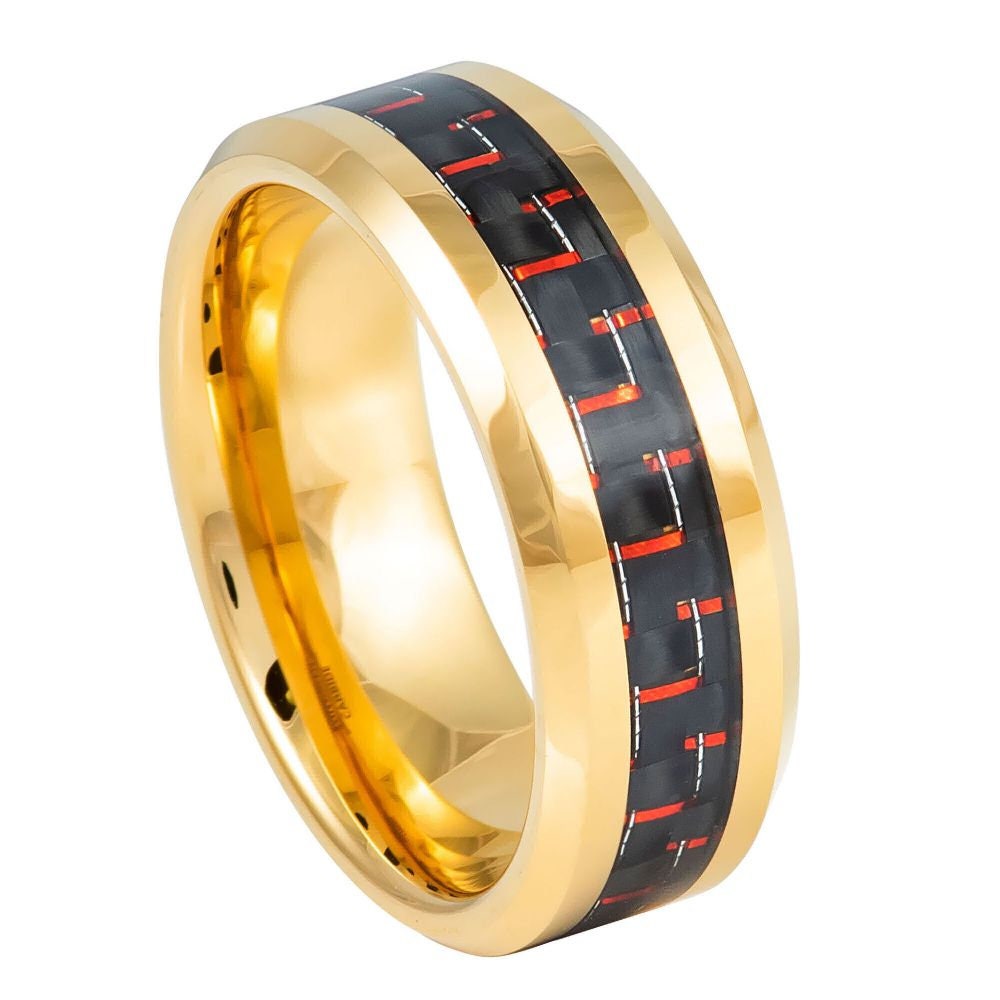 Unisex Yellow Gold Tungsten With Red Fiber Inlay Wedding Band- 8mm Engraved Tungsten Ring