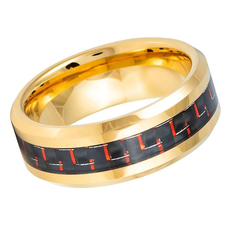 Unisex Yellow Gold Tungsten With Red Fiber Inlay Wedding Band- 8mm Engraved Tungsten Ring