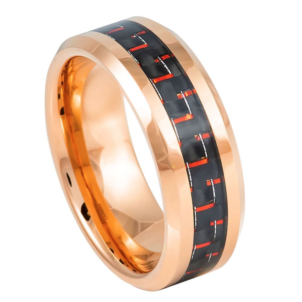 Unisex Rose Gold Tungsten With Red Fiber Inlay Wedding Band- 8mm Engraved Tungsten Ring