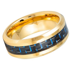 Men's Yellow Gold Tungsten With Blue Fibre Inlay Wedding Band- 8mm Engraved Tungsten Ring