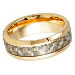 Men's Yellow Gold Tungsten Band With Brown Fiber Inlay Wedding Band- 8mm Engraved Tungsten Ring