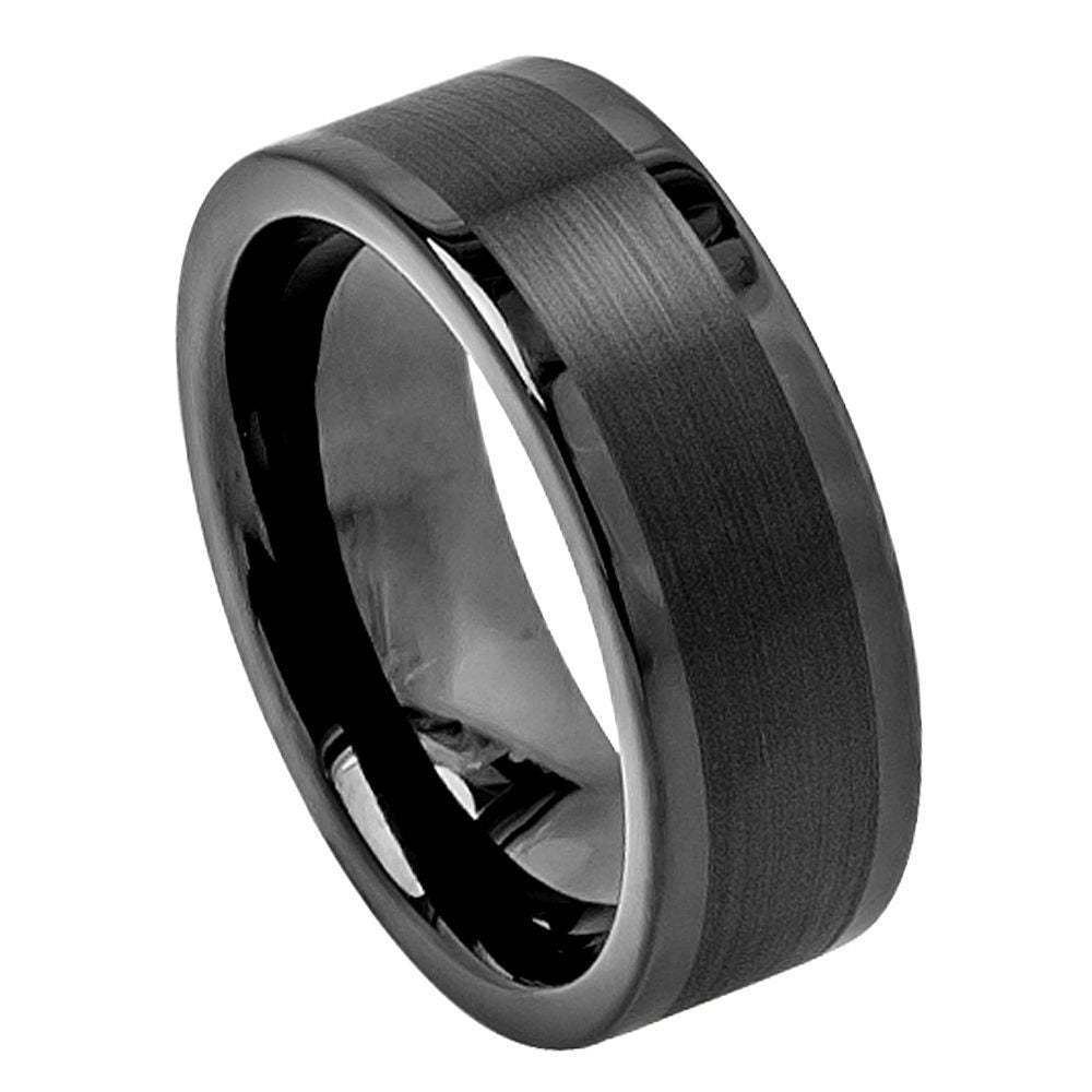 Men's Tungsten Wedding Band Black Matte Brushed- 8mm Engraved Tungsten Ring