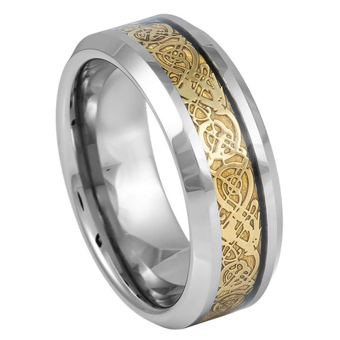 Men's Silver With Gold Center Design Tungsten Wedding Carbide- 8mm Engraved Tungsten Ring