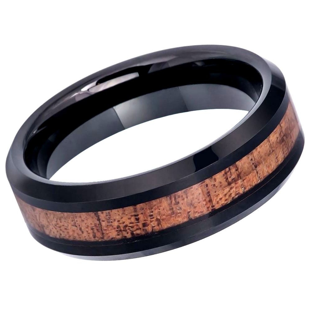 Men's Brown Wood Inlay Black Tungsten Carbide- 8mm Engraved Tungsten Ring