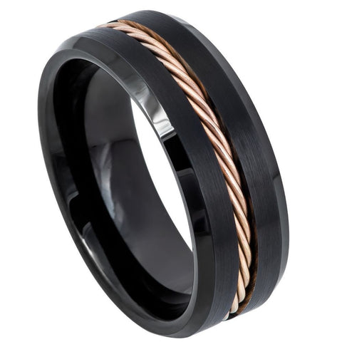 Men's Galen Black Tungsten Men's Wedding Band with Braided Rose Gold Inlay- 6mm Engraved Tungsten Ring