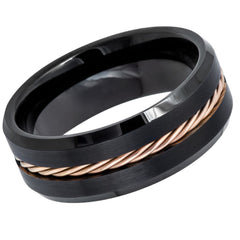 Men's Galen Black Tungsten Men's Wedding Band with Braided Rose Gold Inlay- 6mm Engraved Tungsten Ring