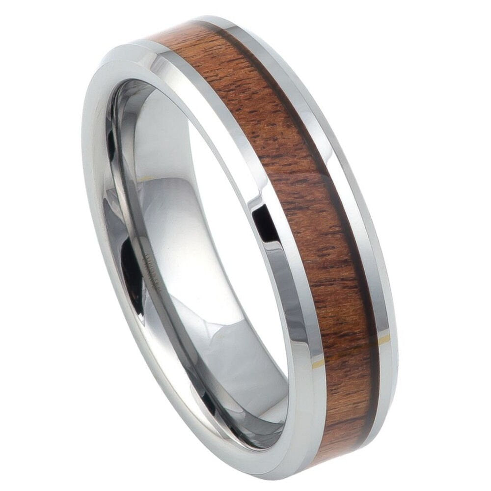 Men's Tungsten Brown Wood Inlay Silver Wedding Band 6mm & 8mm Engraved Tungsten Ring