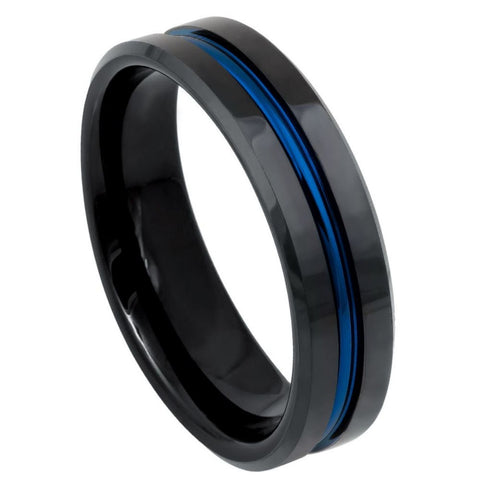 Men's Black Tungsten With Blue Grooved Center And High Polished Beveled Edge 8 & 6mm Engraved Tungsten Ring