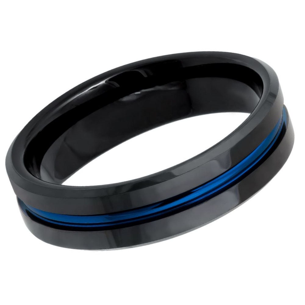 Men's Black Tungsten With Blue Grooved Center And High Polished Beveled Edge 8 & 6mm Engraved Tungsten Ring