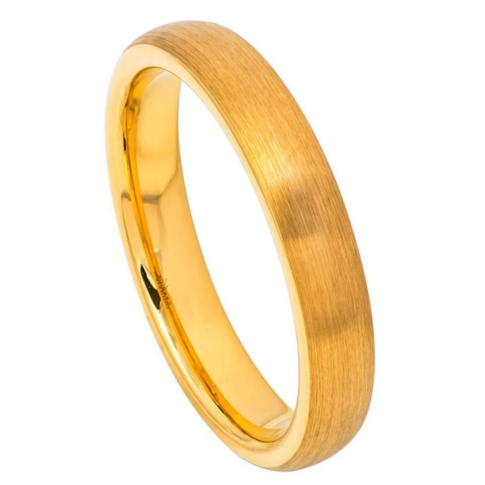 Men's Dome Brushed Yellow Gold Plated Comfort Fit Tungsten Carbide Wedding Band- 4mm Engraved Tungsten Ring