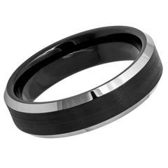 Men's Tungsten Wedding Band with Black Brushed Center Notche in Beveled Edges- 6mm Engraved Tungsten Ring