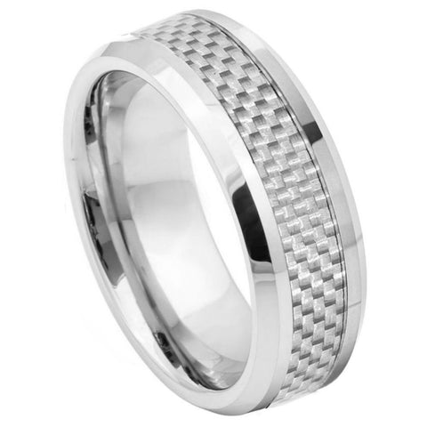 Men's Silver Tungsten Couple Matching Tungsten Ring With White Carbon Fiber Inlay And Beveled Edge Wedding Band- 8mm Engraved Tungsten Ring