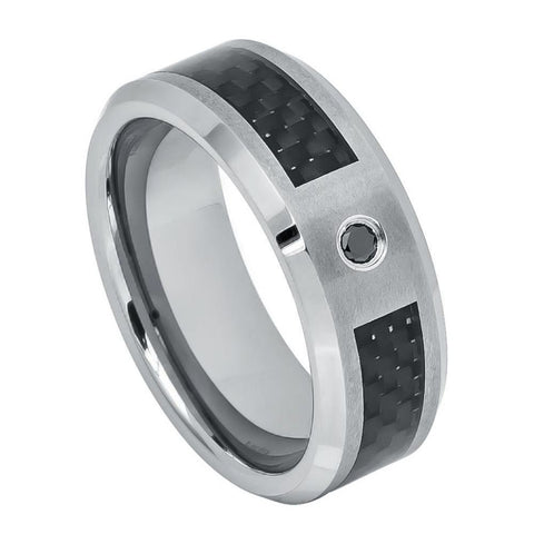 Men's Tungsten And CZ With Black Carbon Fiber Inlay Wedding-8mm Engraved Tungsten Ring