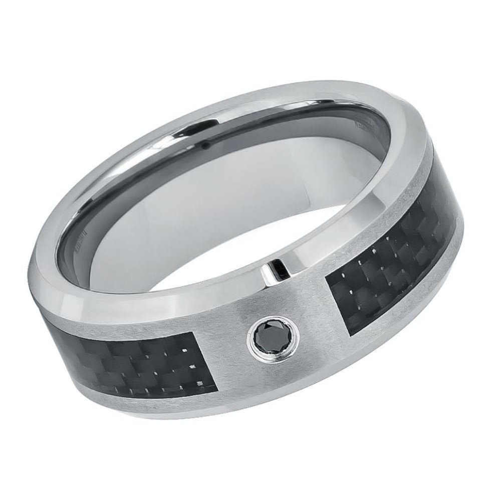 Men's Tungsten And CZ With Black Carbon Fiber Inlay Wedding-8mm Engraved Tungsten Ring