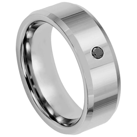 Men's Silver Brushed Polished With One Stone Inlay Wedding- 8mm Engraved Tungsten Ring