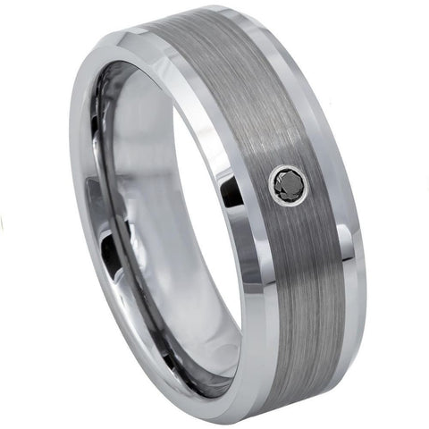 Men's Dark Grey Brushed Polished With One Stone Inlay Tungsten Wedding- 8mm Engraved Tungsten Ring