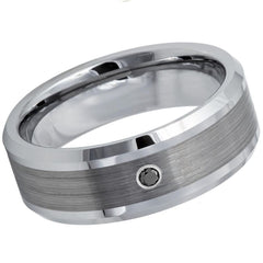 Men's Dark Grey Brushed Polished With One Stone Inlay Tungsten Wedding- 8mm Engraved Tungsten Ring