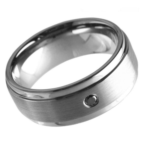 Men's Dark Grey Brushed Shiny Polished With One Stone Inlay Tungsten Wedding- 9mm Engraved Tungsten Ring