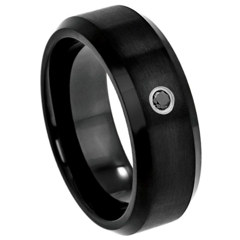 Men's Black Brushed Shiny Polished With One Stone Inlay Tungsten Wedding- 8mm Engraved Tungsten Ring