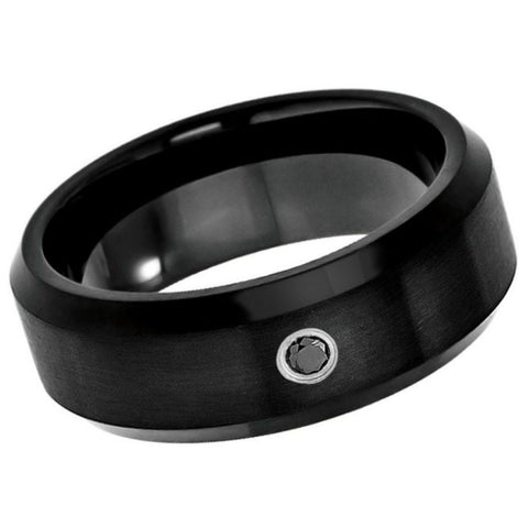 Men's Black Brushed Shiny Polished With One Stone Inlay Tungsten Wedding- 8mm Engraved Tungsten Ring