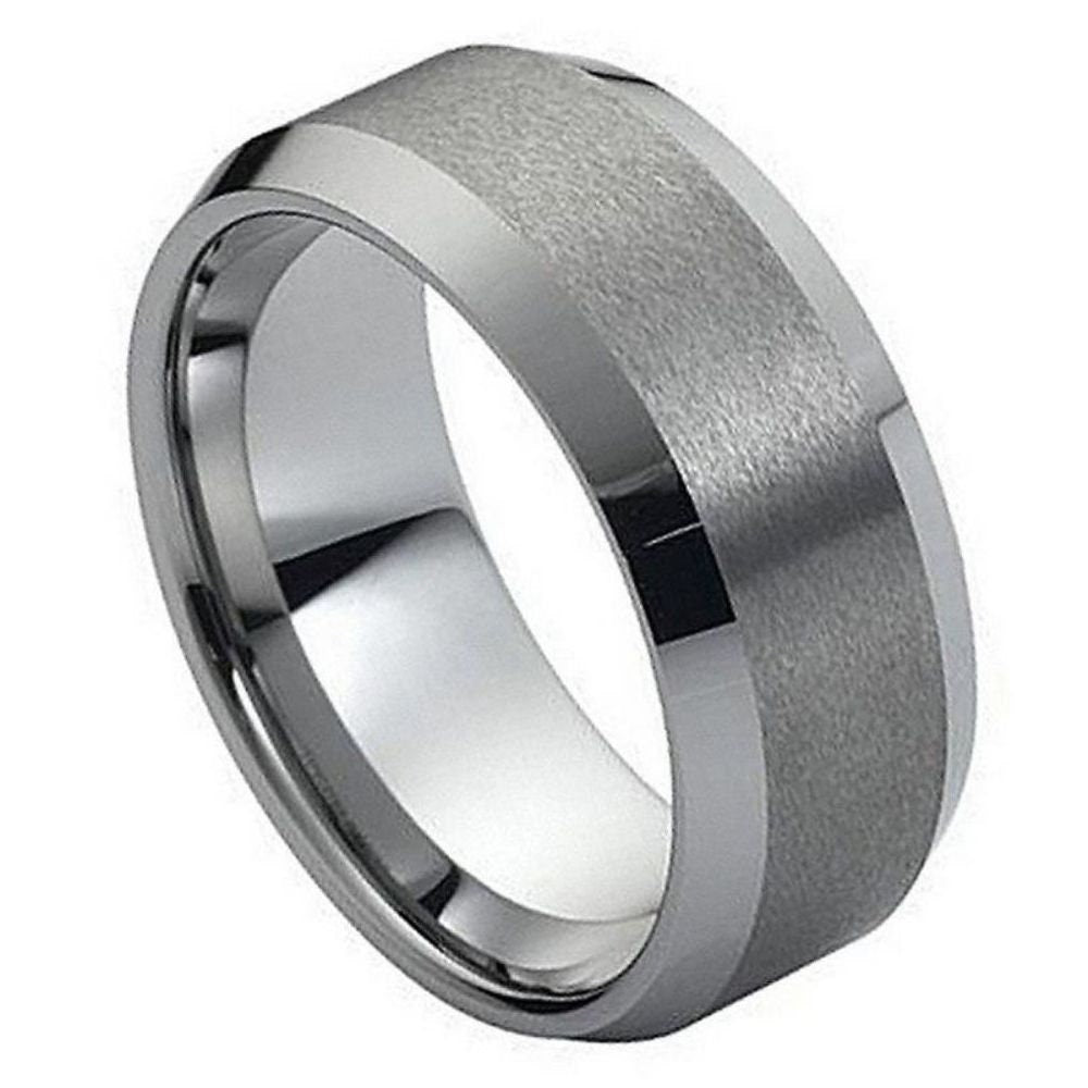 Men's Gray Stepped Low Beveled Edge Gray Brushed Center Tungsten Wedding- 10mm Engraved Tungsten Ring