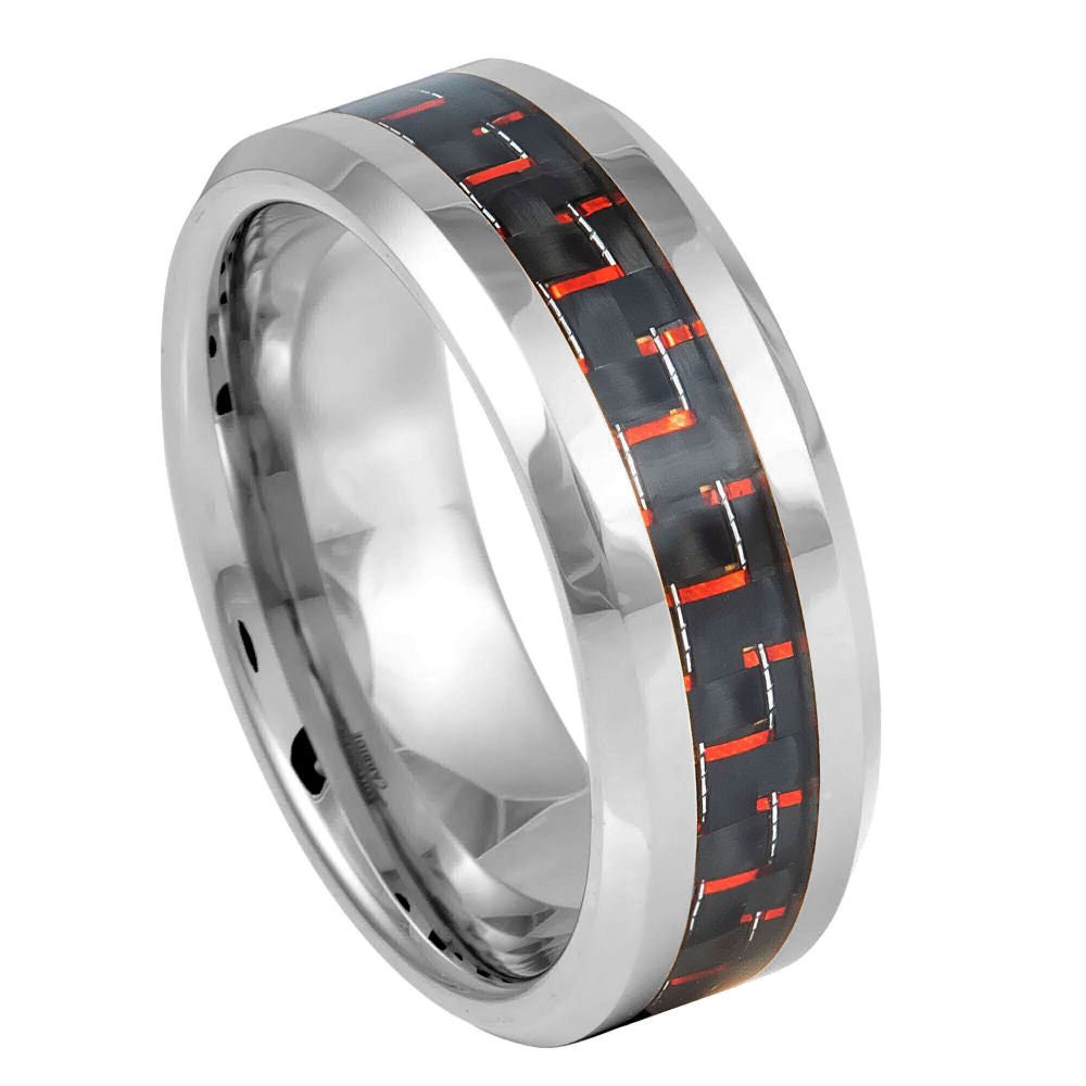 Men's Silver Carbide With Red Carbon Fiber Inlay Tungsten Wedding- 8mm Engraved Tungsten Ring