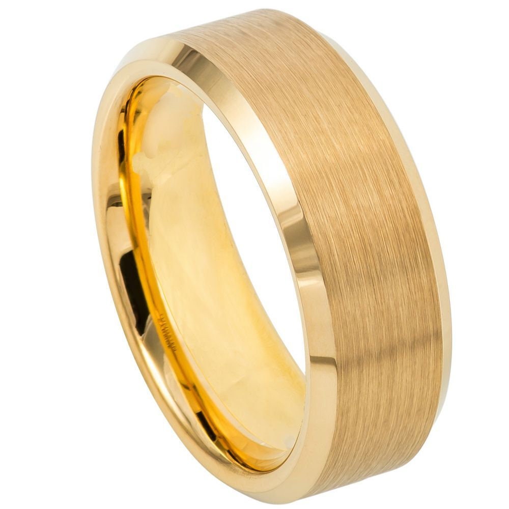 Unisex Yellow Gold Wedding Band Tungsten With Bevel Edge Brushed- 8mm Engraved Tungsten Ring