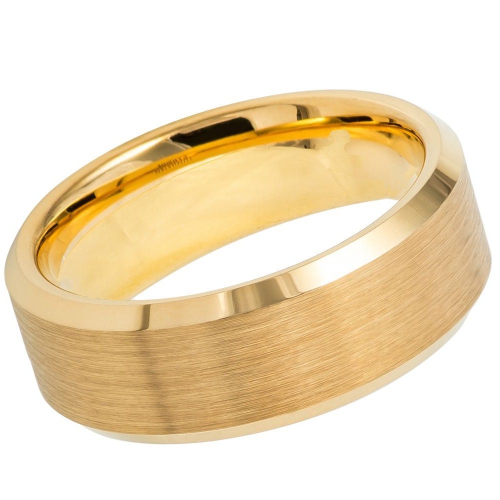 Unisex Yellow Gold Wedding Band Tungsten With Bevel Edge Brushed- 8mm Engraved Tungsten Ring