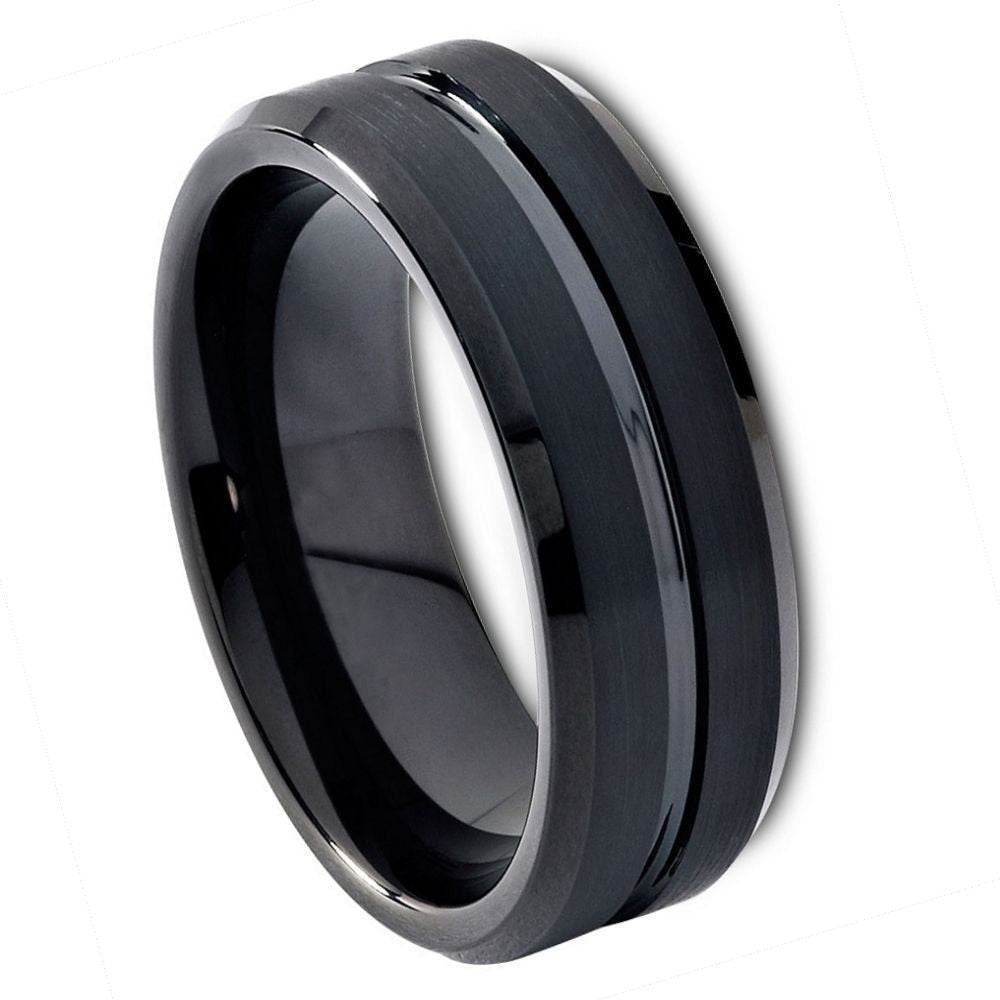 Unisex Black Tungsten Wedding Band Comfort Fit Beveled Edge- 8mm Engraved Tungsten Ring