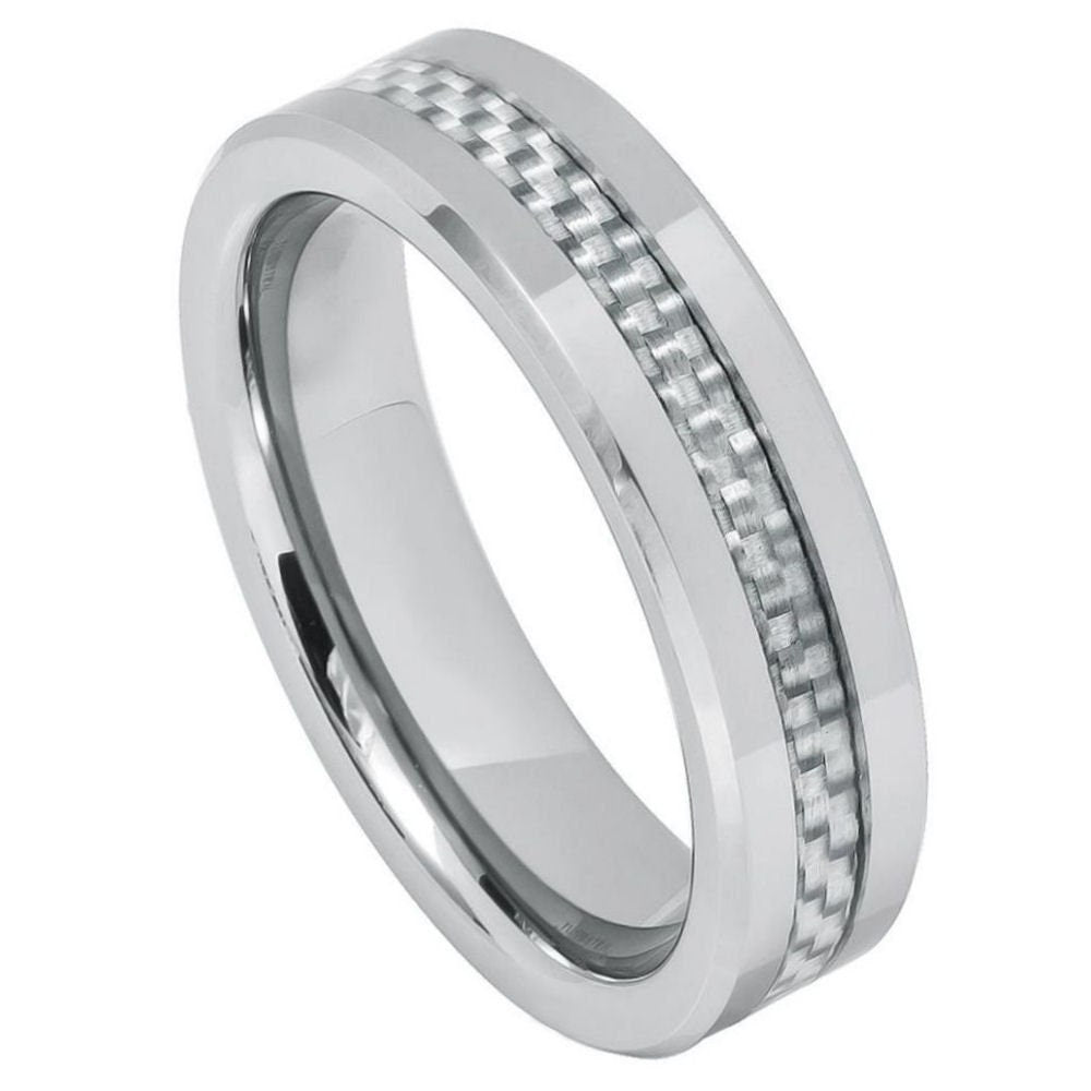 Men's Silver With White Carbon Fibre Inlay Tungsten Comfort Fit Wedding- 6mm Engraved Tungsten Ring