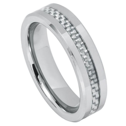 Men's Silver With White Carbon Fibre Inlay Tungsten Comfort Fit Wedding- 6mm Engraved Tungsten Ring