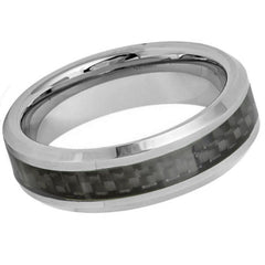 Men's Silver With Black Carbon Fiber Inlay Tungsten Tungsten Ring Black Beveled Edge- 6mm Engraved Tungsten Ring