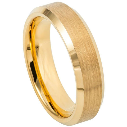 Men's Tungsten Wedding Band Brushed Yellow Gold Plated Tungsten Carbide Anniversary Band- 6mm Engraved Tungsten Ring