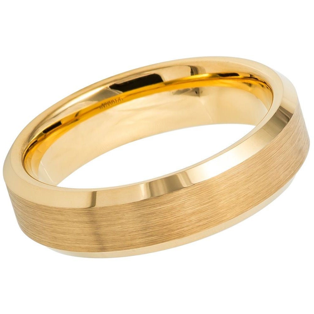 Men's Tungsten Wedding Band Brushed Yellow Gold Plated Tungsten Carbide Anniversary Band- 6mm Engraved Tungsten Ring