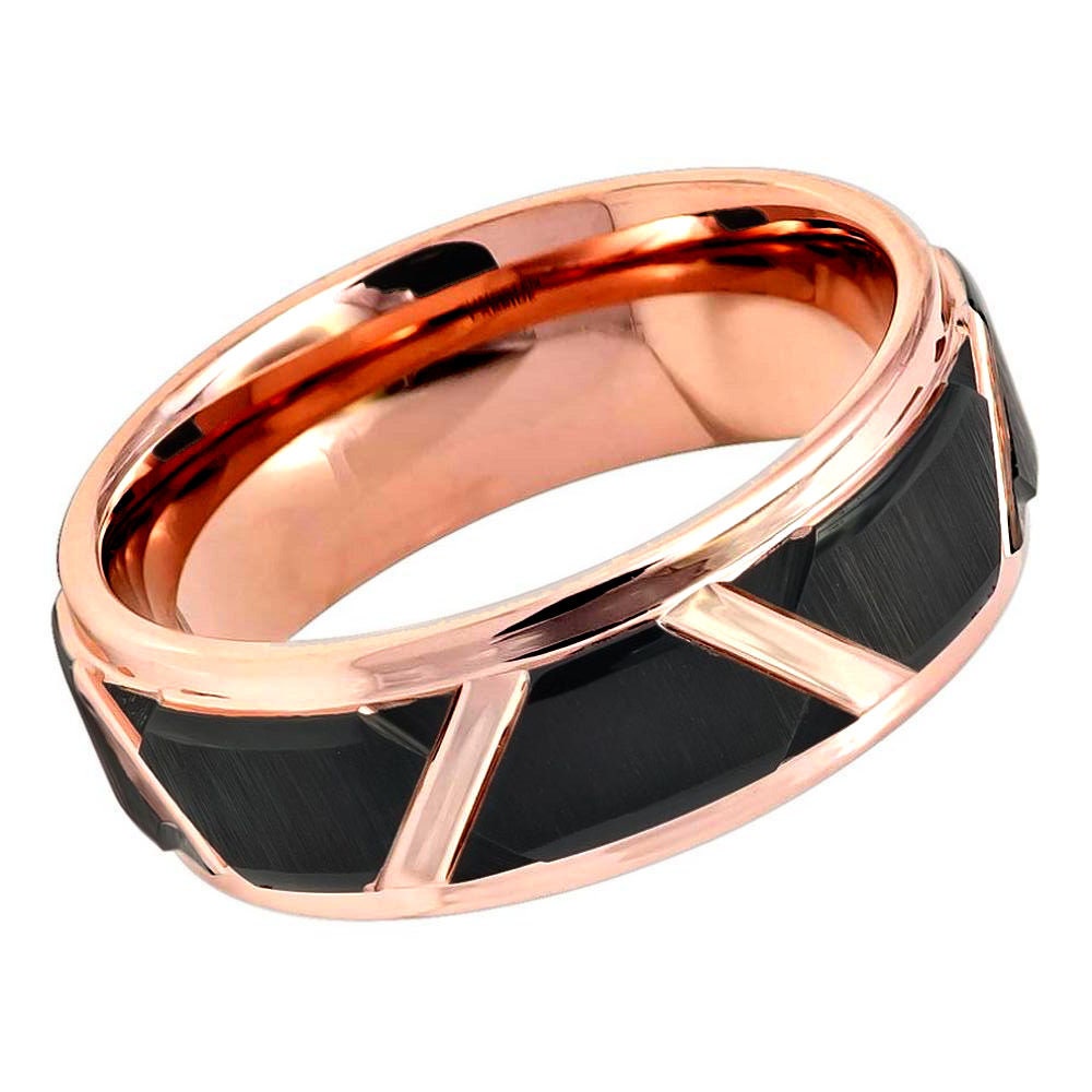 Men's Rose Gold Black Tungsten Engagement Band- 8mm Engraved Tungsten Ring