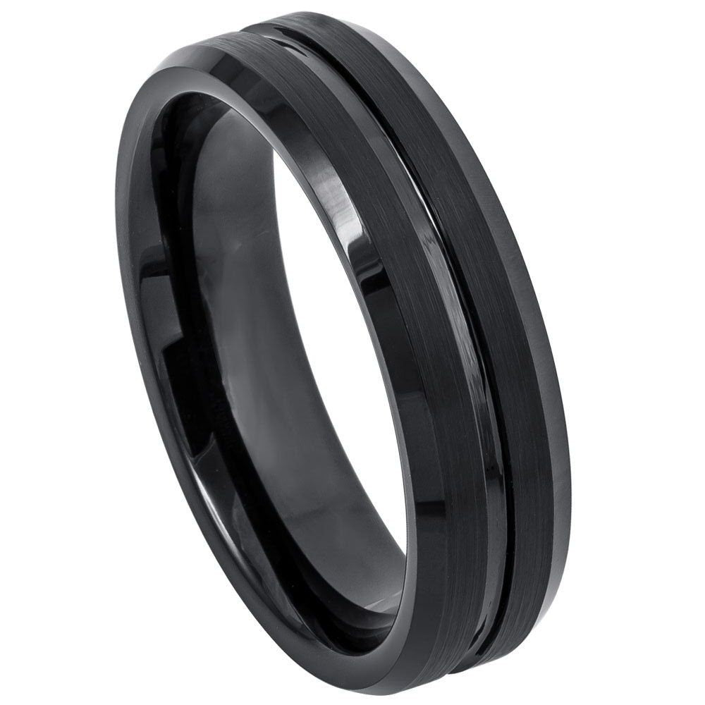 Men's Black Beveled Edge Polished Brushed Wedding Tungsten Band- 8mm Engraved Tungsten Ring