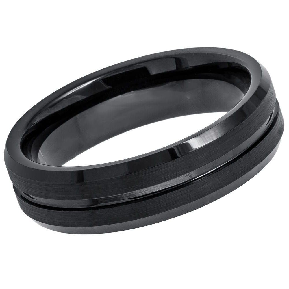 Men's Black Beveled Edge Polished Brushed Wedding Tungsten Band- 8mm Engraved Tungsten Ring