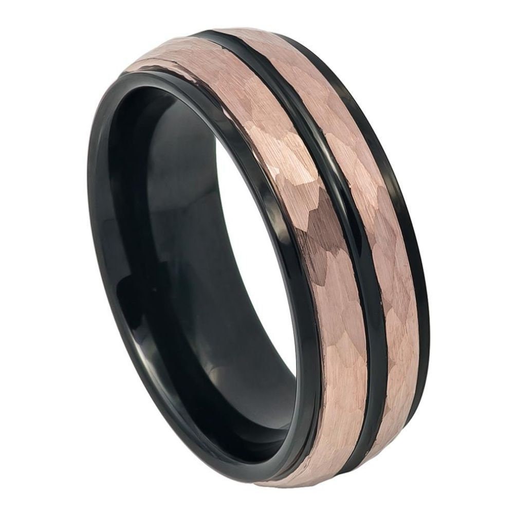 Men's Soul Rose Gold And Black Hammered Tungsten Carbide Engagement- 8mm Engraved Tungsten Ring