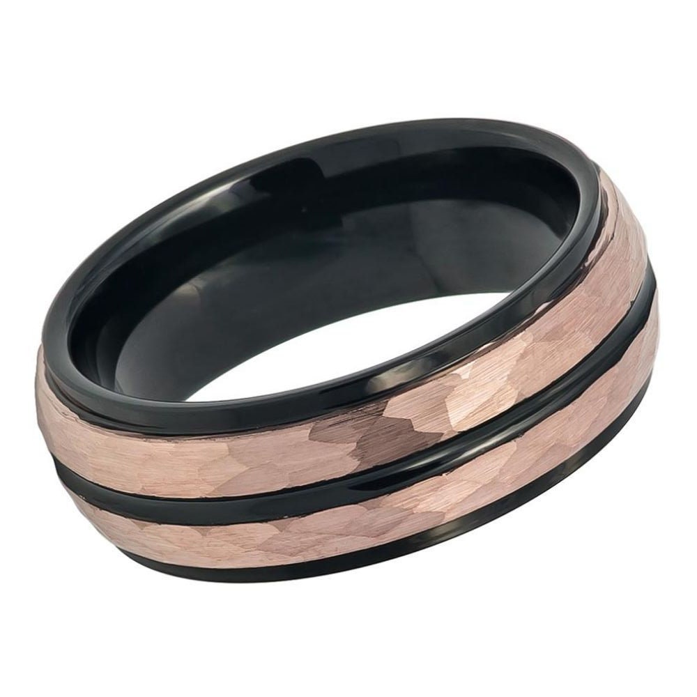 Men's Soul Rose Gold And Black Hammered Tungsten Carbide Engagement- 8mm Engraved Tungsten Ring