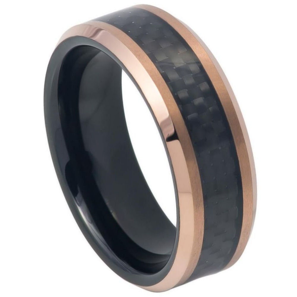 Men's Tungsten Wedding Band Rose Gold Hammered Black Comfort Fit- 8mm Engraved Tungsten Ring