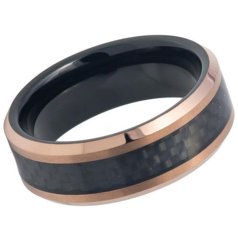 Men's Tungsten Wedding Band Rose Gold Hammered Black Comfort Fit- 8mm Engraved Tungsten Ring