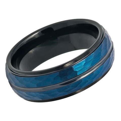 Men's Two Tone Blue And Black Hammered Finish Tungsten Comfort Fit- 8mm Engraved Tungsten Ring